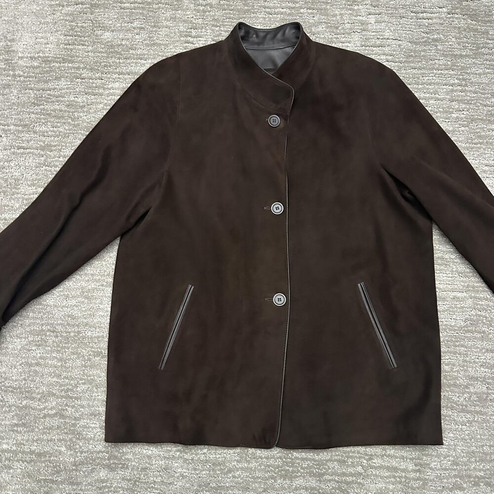Overland Jacket Womens 8 Brown Suede Leather Trim Button Front Lined Collared - Picture 2 of 14